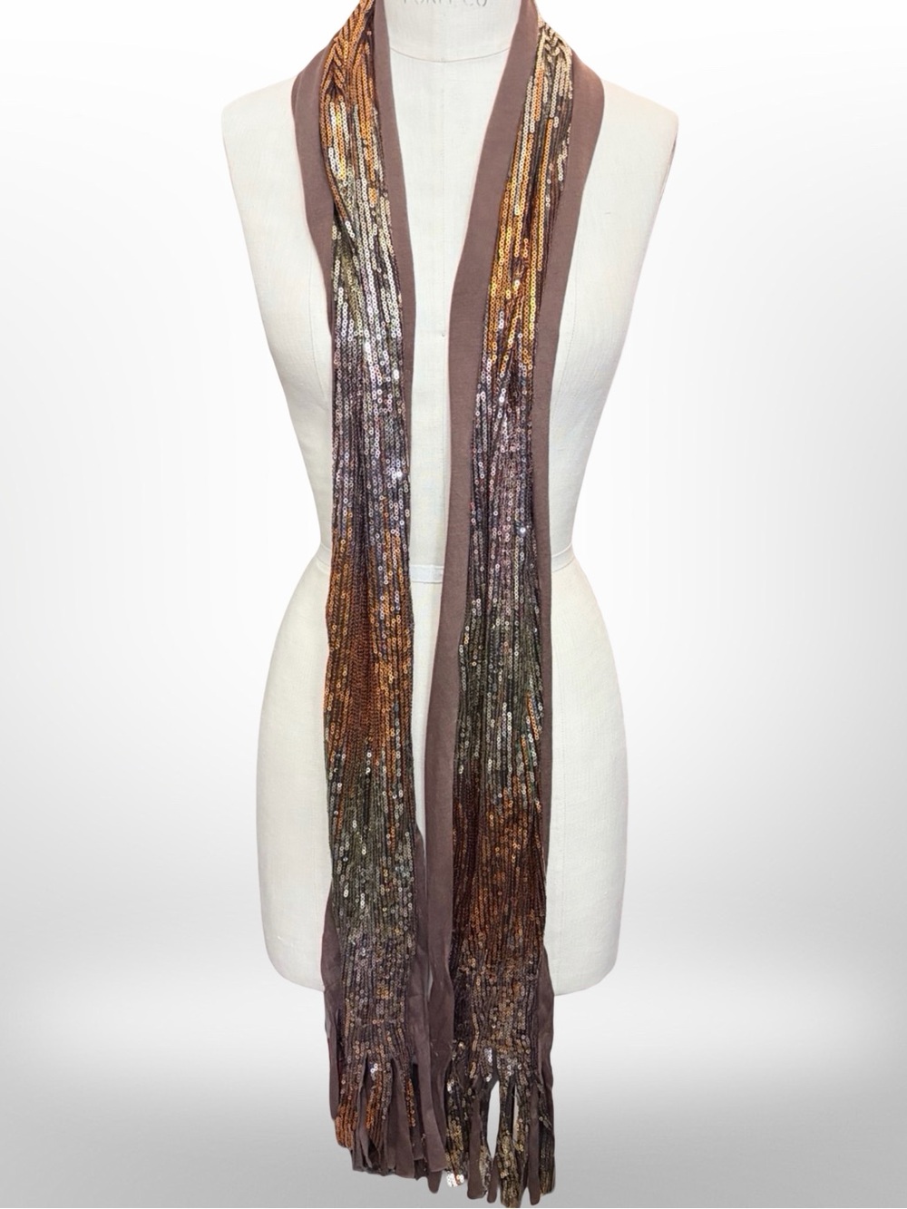 Nine West Metallic Sequin Fringe Scarf Bronze Gold Silver Brown Y2K Glam